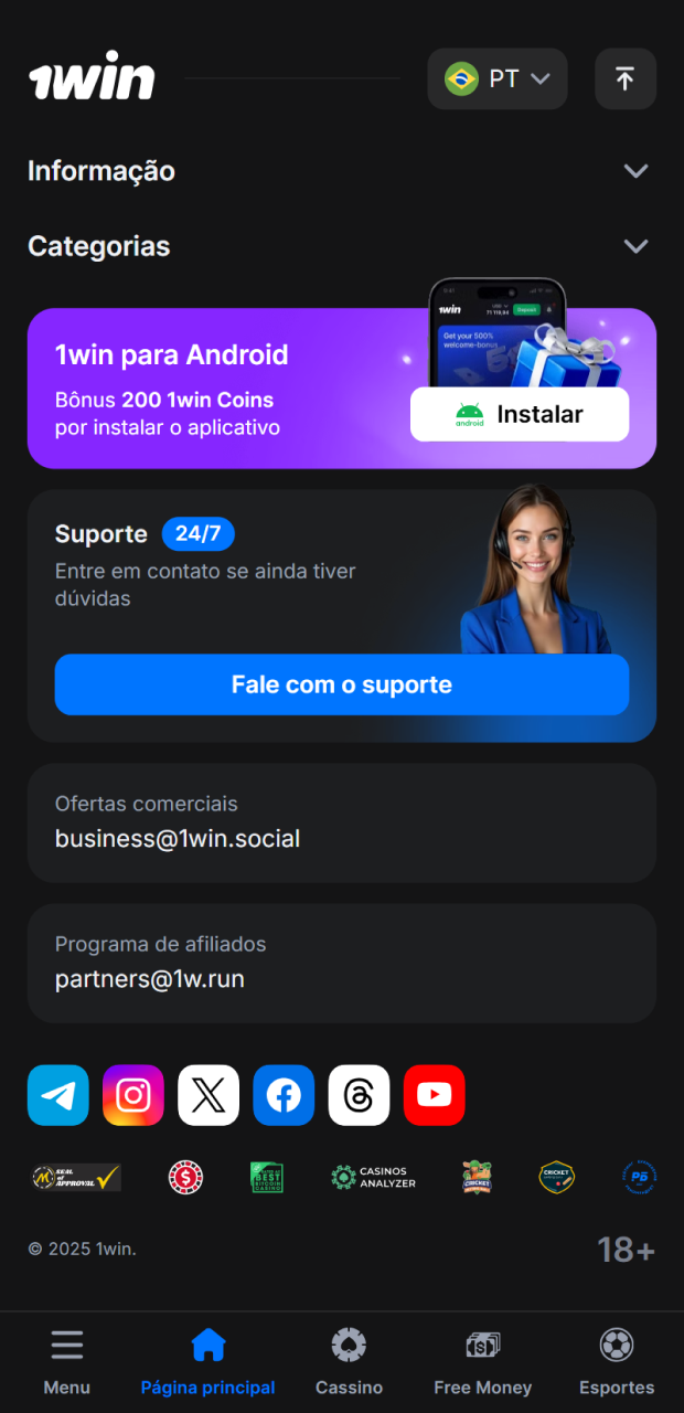 No site 1win, clique no bot&atilde;o com o aplicativo.