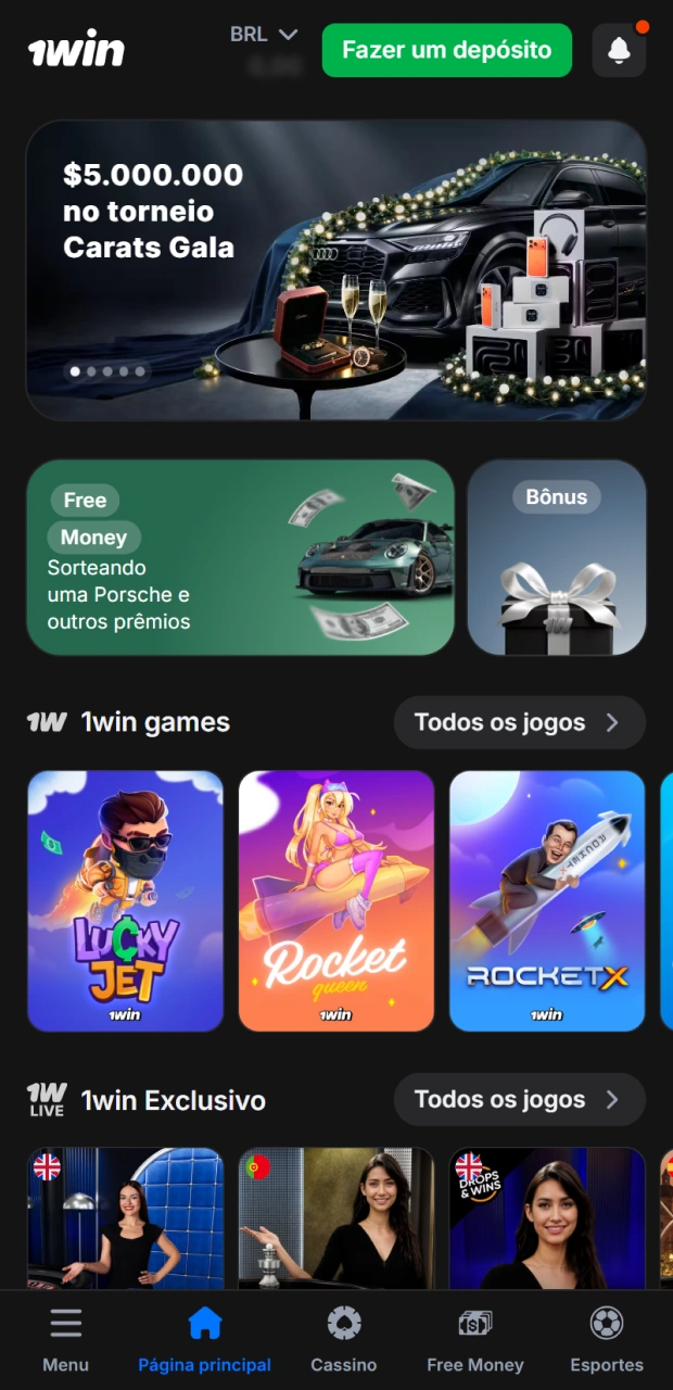 Para come&ccedil;ar, abra a sec&ccedil;&atilde;o especial com a caixa registadora 1Win e clique no bot&atilde;o "top up".