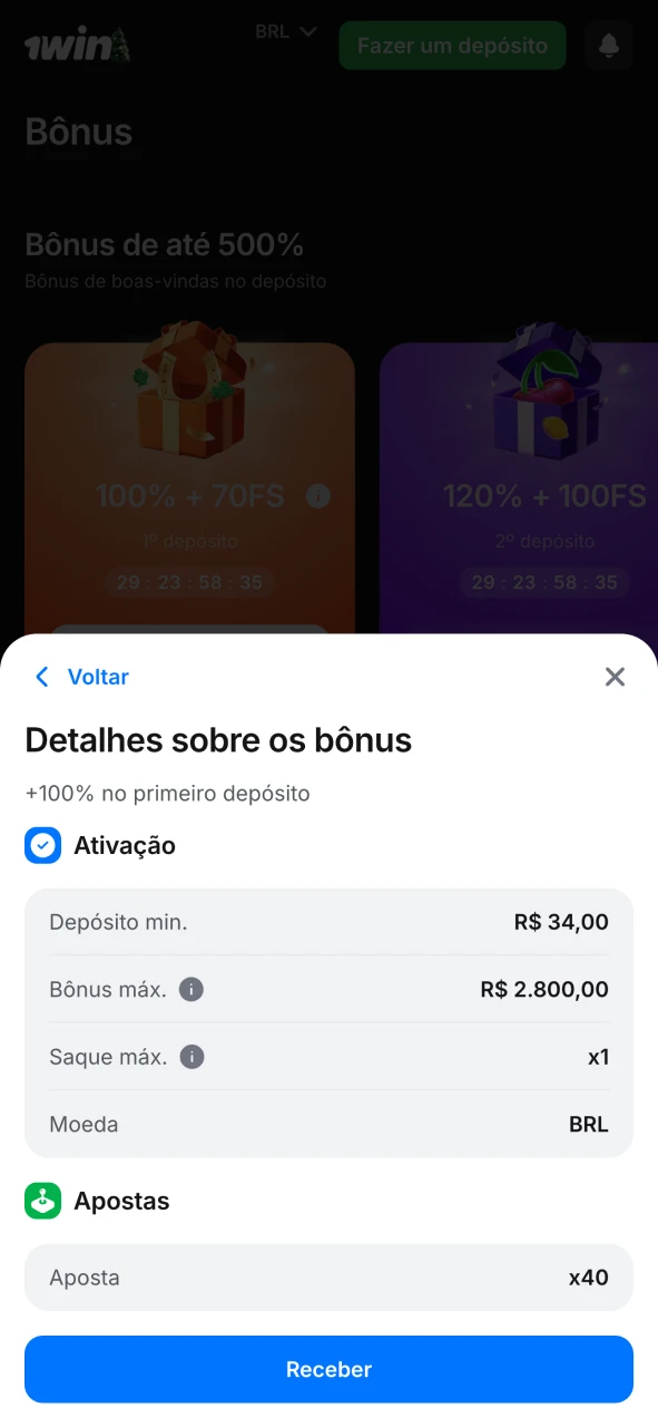 Familiarize-se com o b&oacute;nus de boas-vindas da 1win.