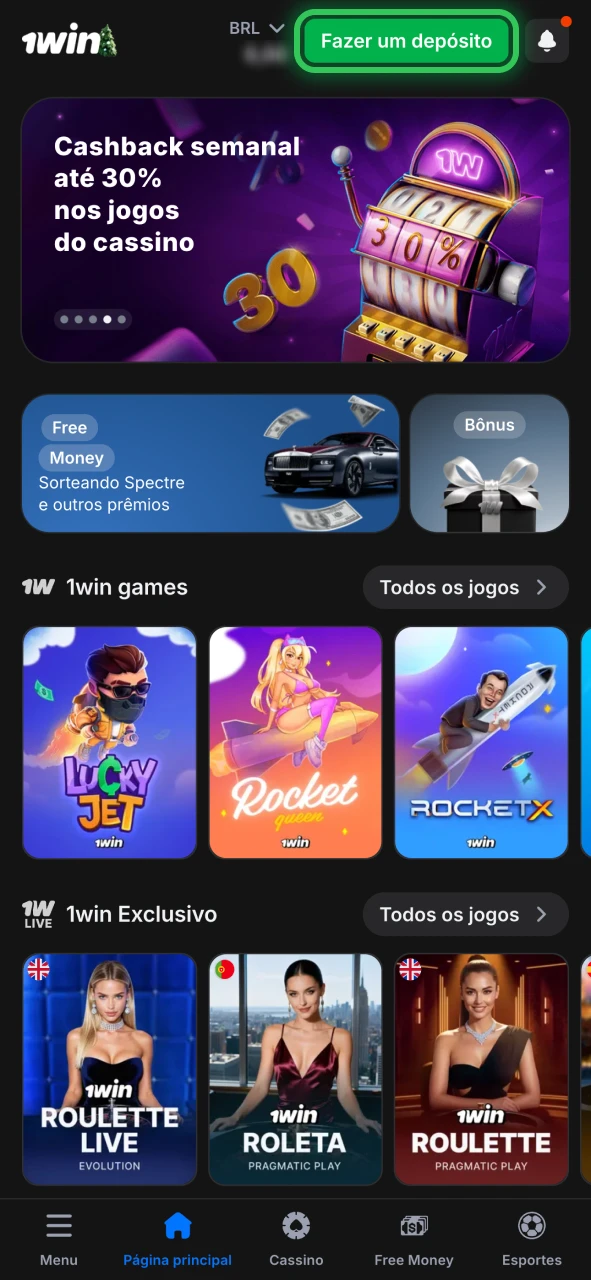 Encontre o bot&atilde;o de dep&oacute;sito na p&aacute;gina principal da 1win.