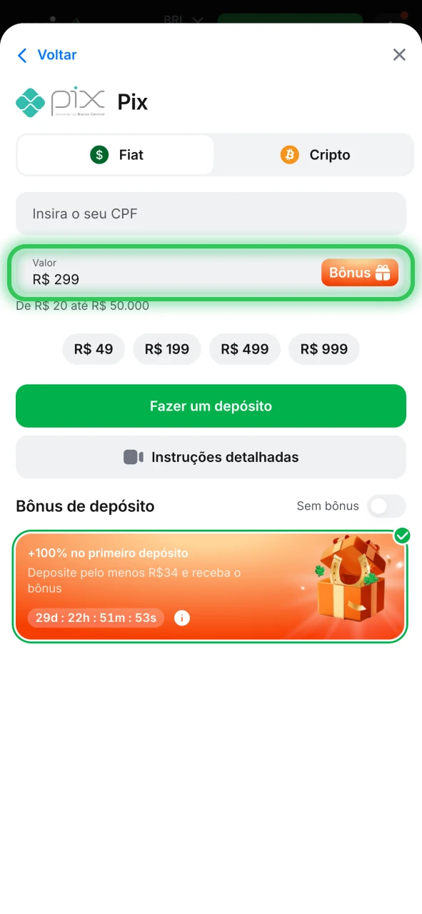 Especifique o valor do dep&oacute;sito no formul&aacute;rio 1win.