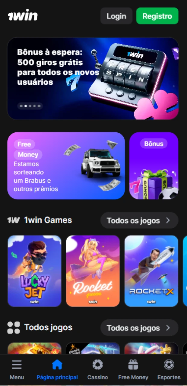 Publique a página principal do aplicativo 1win.