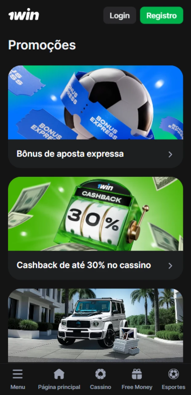 Publique uma página com bônus para o aplicativo 1win.