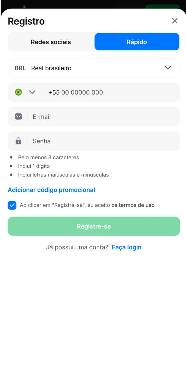 Acesse a página de registro do aplicativo 1win.