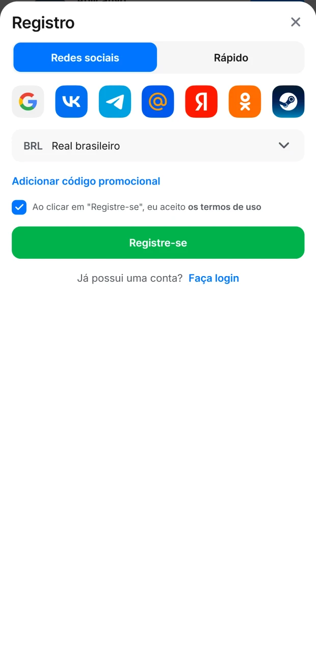 Crie sua conta no 1win.