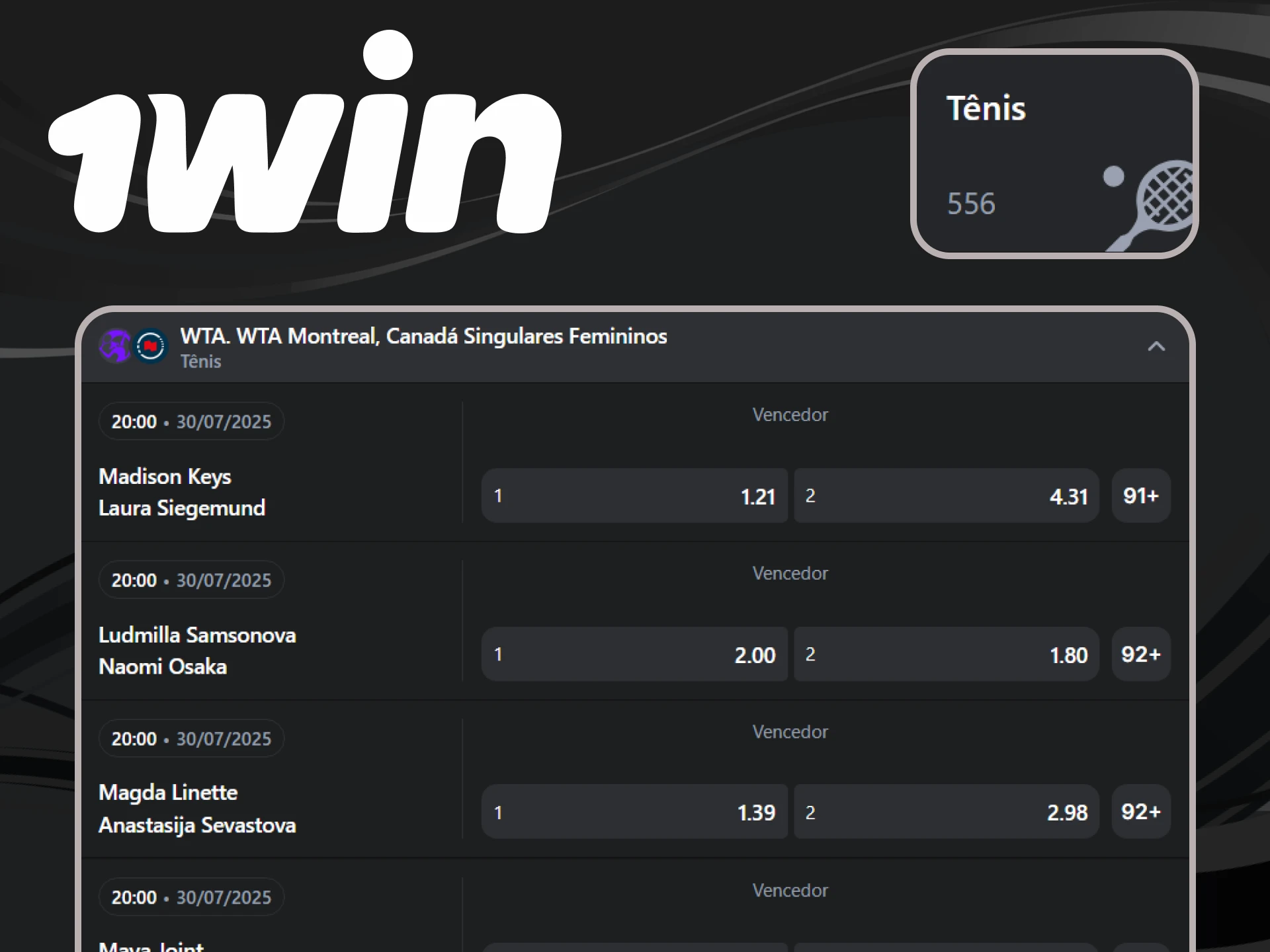 Aposta no tênis no site ou aplicativo 1win.
