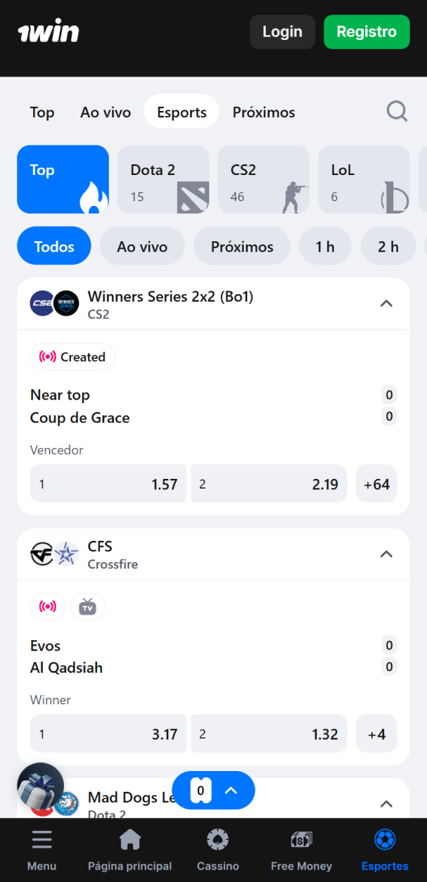 Aposte nos melhores torneios de eSports no aplicativo 1win.